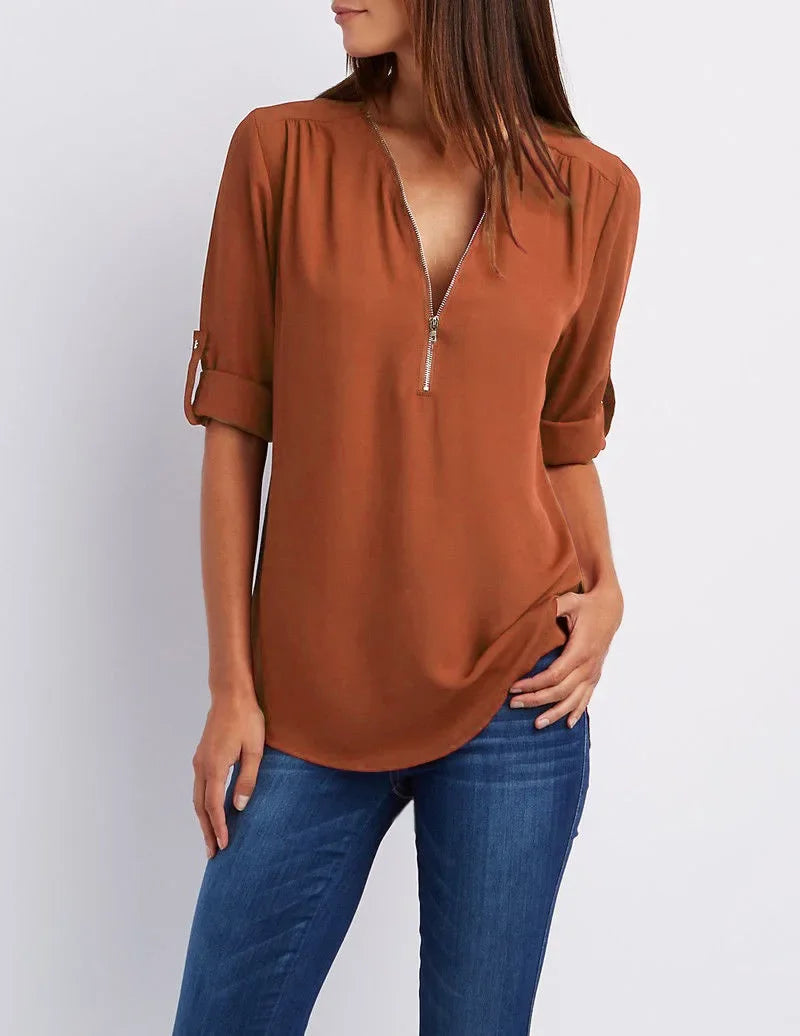 Women’s Loose Casual Deep V-Neck Chiffon Blouse – Zipper Pullover