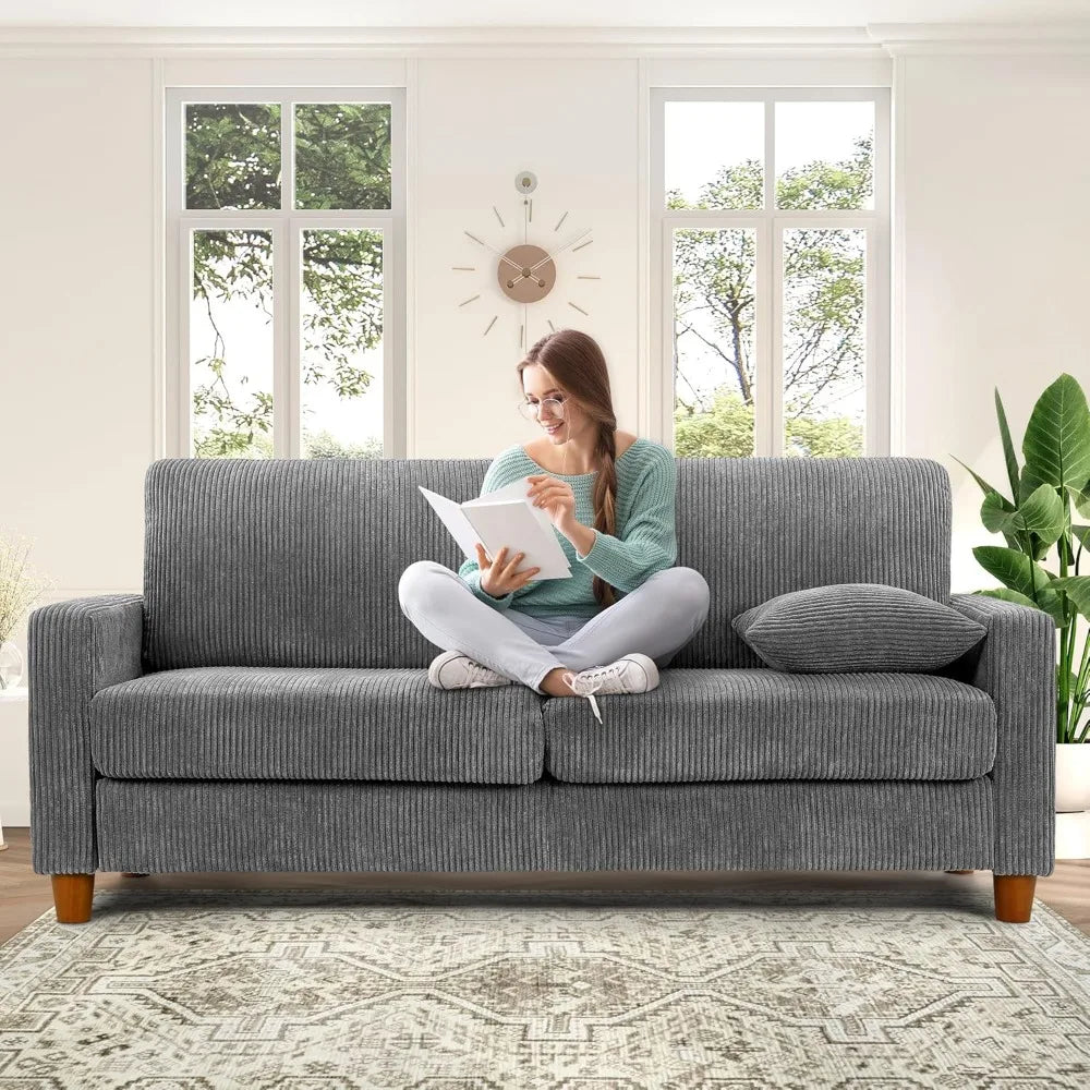 Grey Sofa, Extra Deep Corduroy Couch – 21” Seat Depth, Tool-Free Assembly