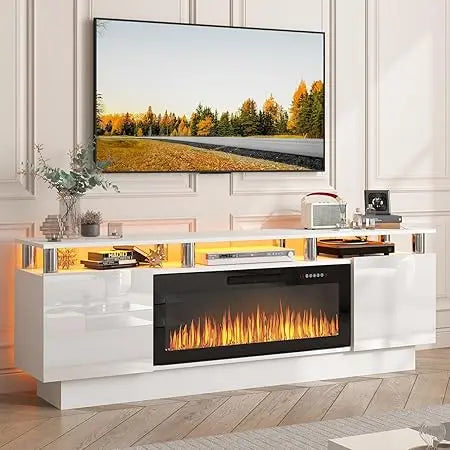 TV Stand with 36" Electric Fireplace, 70" LED Light Entertainment Center, Storage