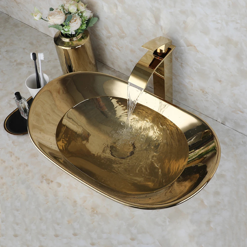 Luxury Large Gold Vessel Sink with Faucet Combo