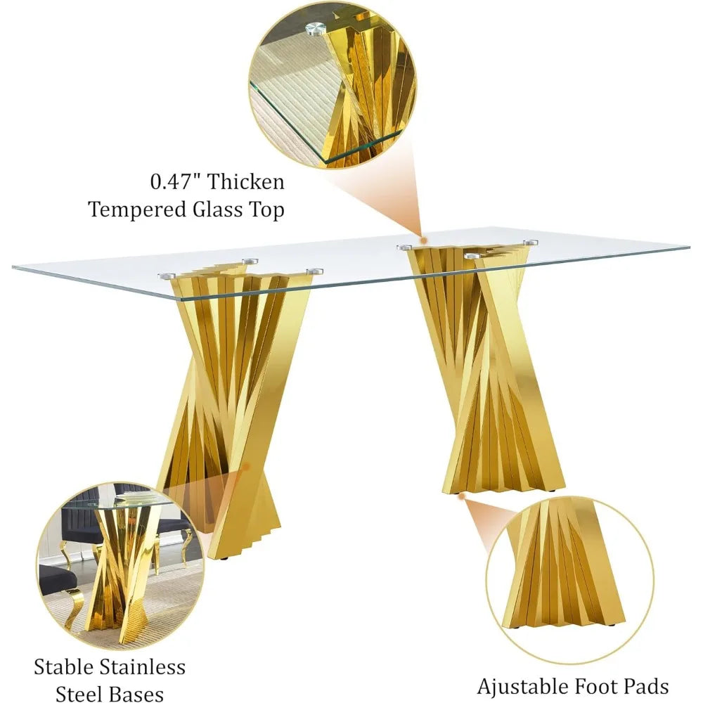70" Modern Glass Gold Dining Table for 6-8