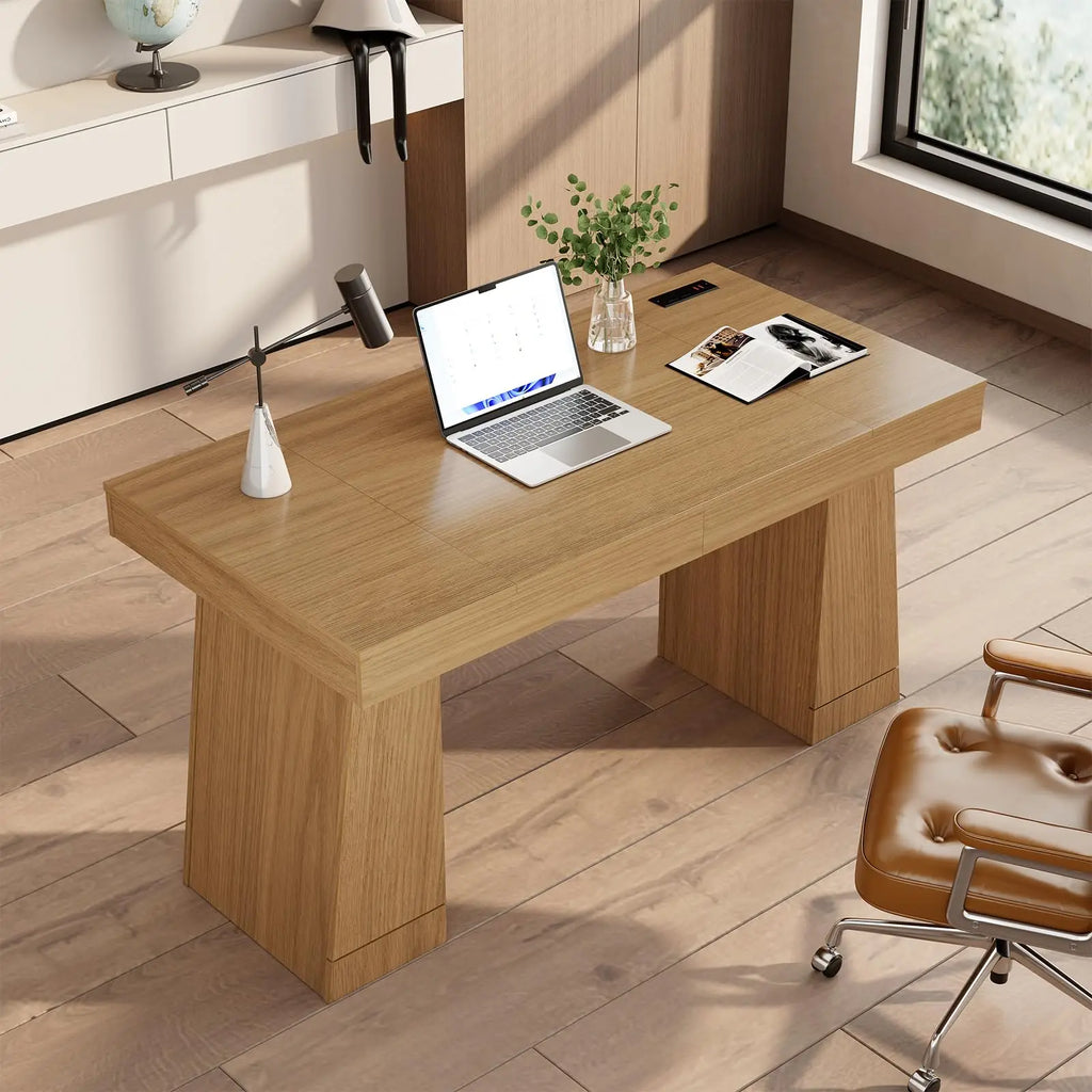 Executive Desk with Power Outlets & Hidden Cabinet