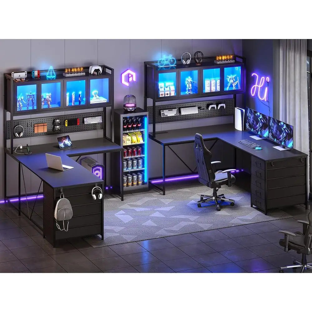 L-Shaped Gaming Desk with Hutch, Storage Shelves, Pegboard & LED Lights