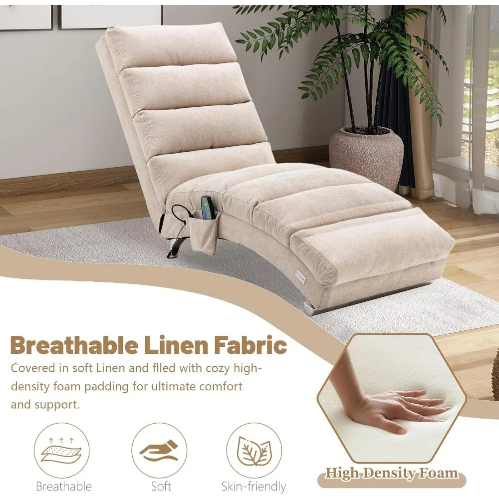Indoor Chaise Lounge Chair with Electric Massage – 5 Modes, Breathable Linen Upholstered Recliner