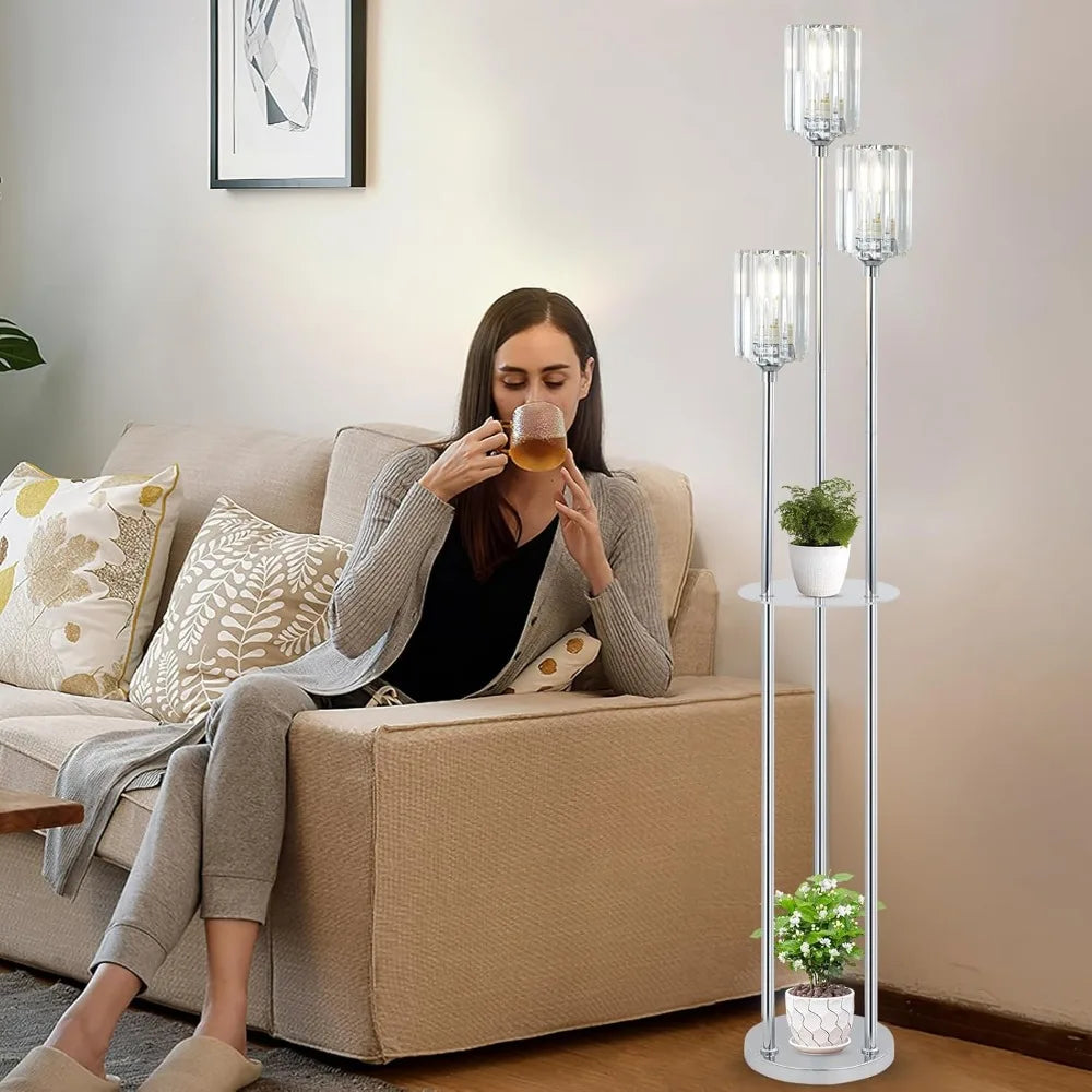 Modern Floor Lamp with Shelves – 3-Light Crystal Shade Standing Lamp, Silver