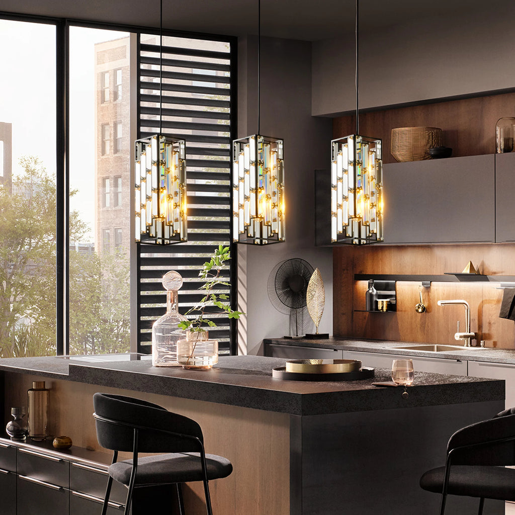 Luxury Hanging Crystal Pendant Light - 3 Pack, Adjustable, Black Finish