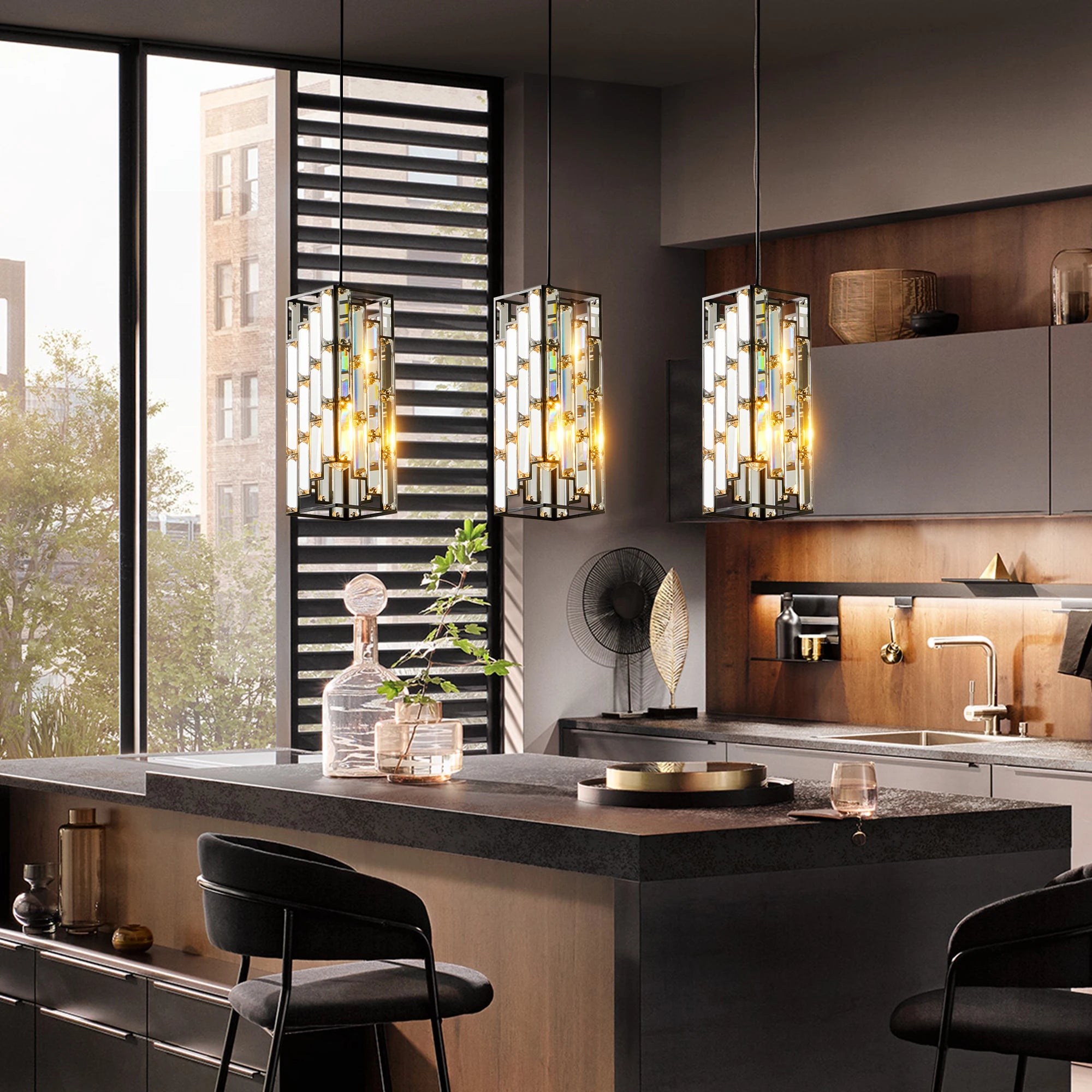 Luxury Hanging Crystal Pendant Light - 3 Pack, Adjustable, Black Finish