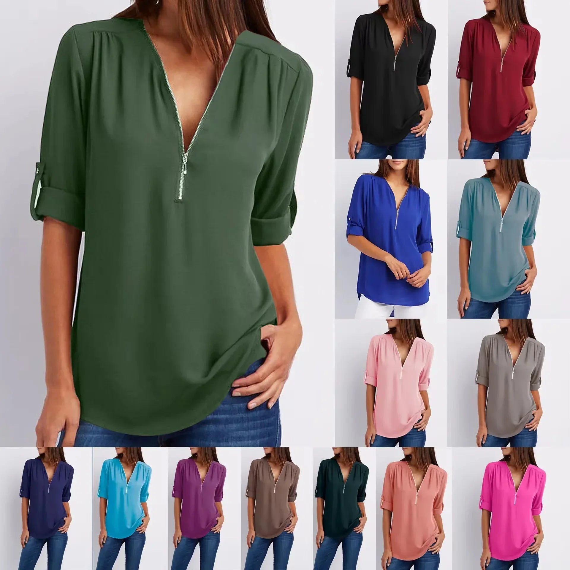 Women’s Loose Casual Deep V-Neck Chiffon Blouse – Zipper Pullover