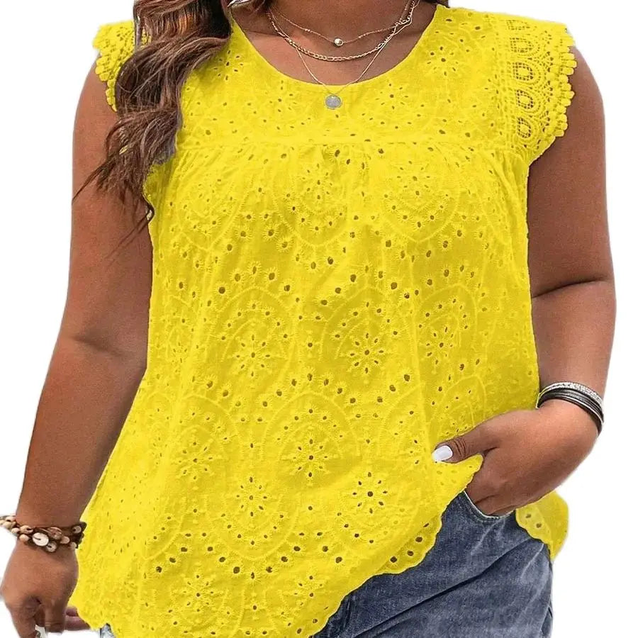 Casual Versatile Plus Size Sleeveless Round Neck Lace Shirt