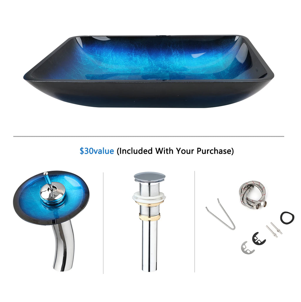 Big Countertop Tempered Glass Sink Faucet Set