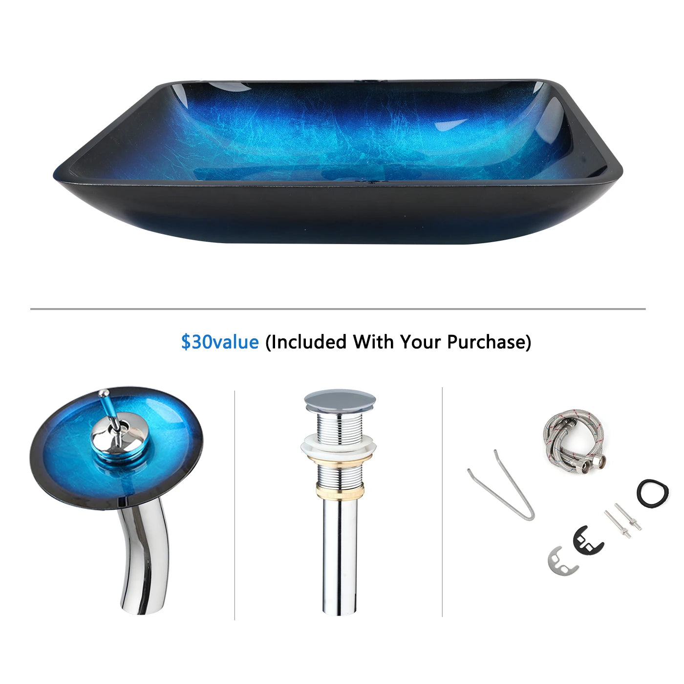 Big Countertop Tempered Glass Sink Faucet Set