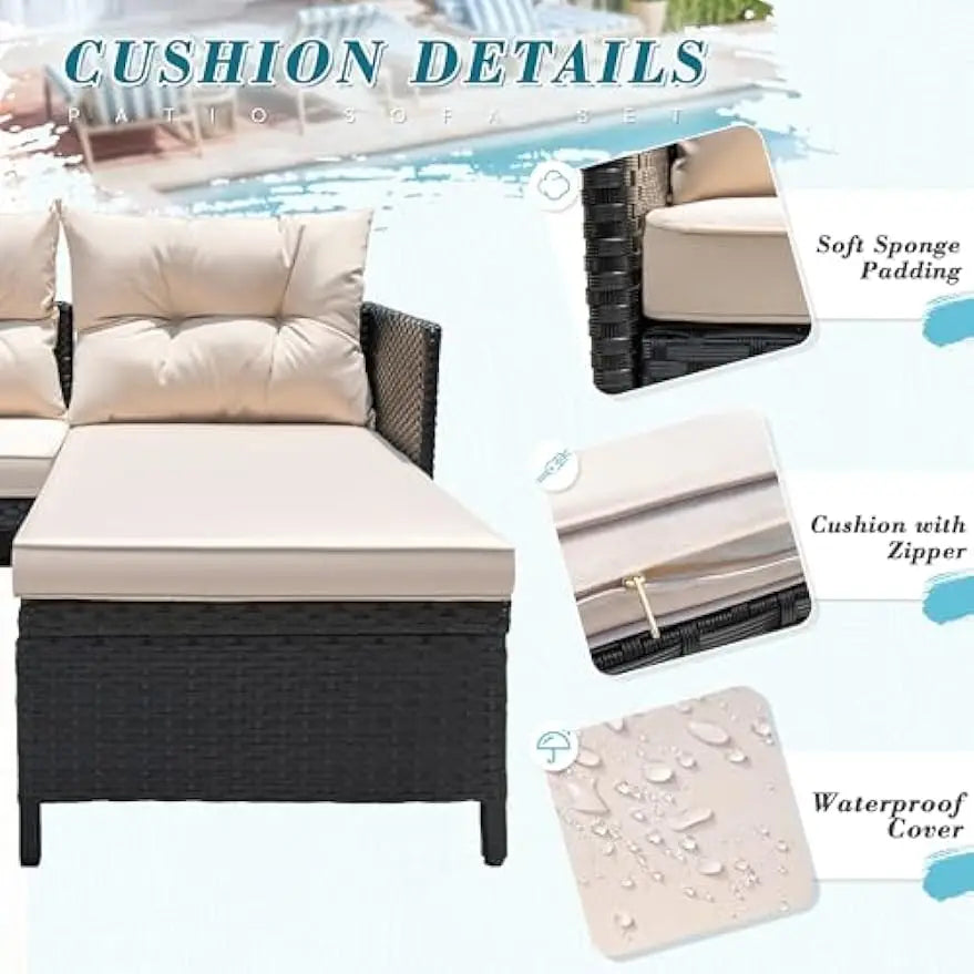 3-Piece Patio Furniture Set – Wicker Rattan Sectional Sofa with Cushions & Coffee Table, Light Beige