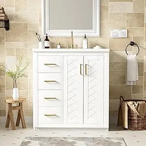 30" Bathroom Vanity with Ceramic Sink, Storage Cabinet, 4 Drawers, 2 Doors