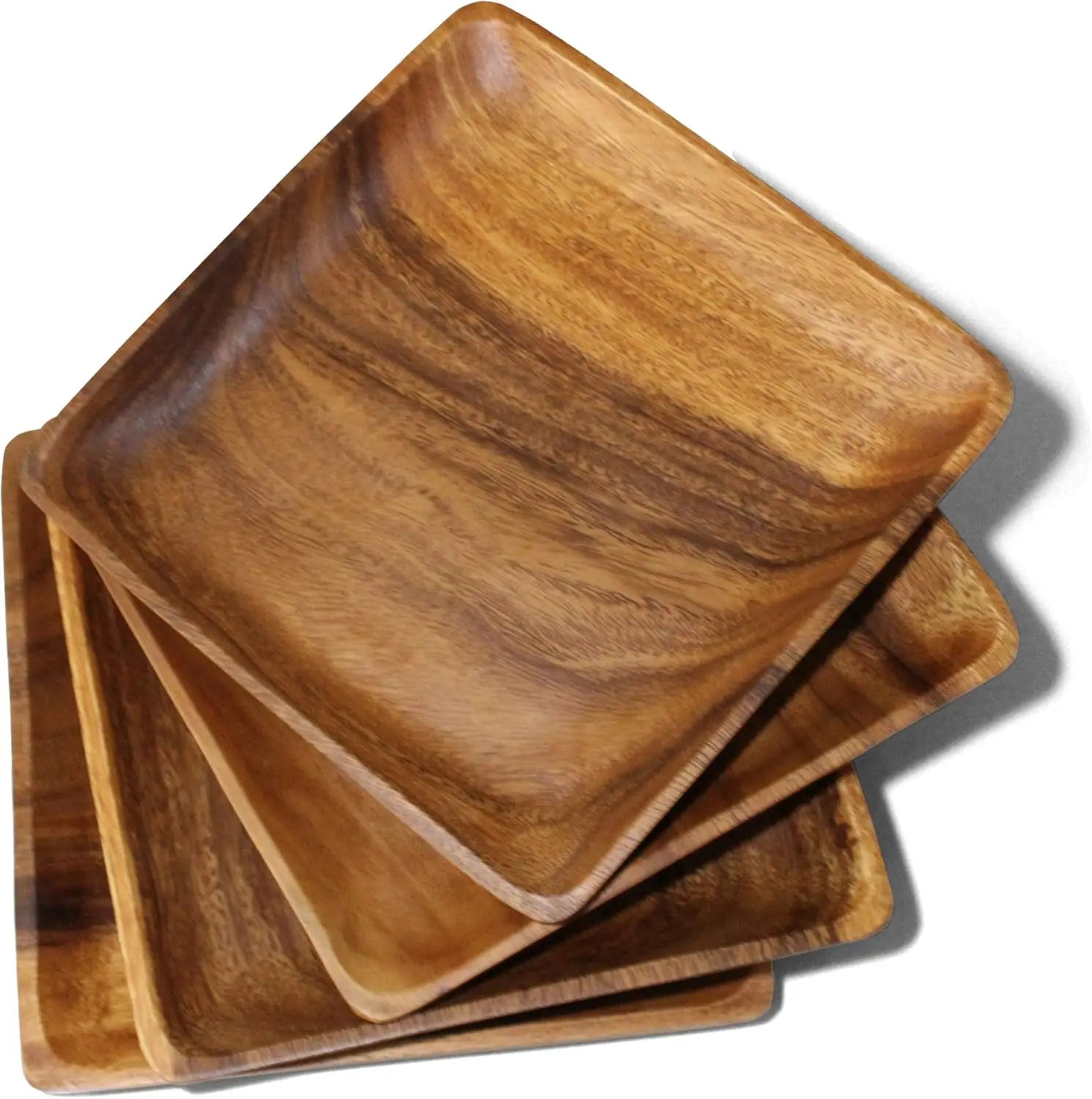 Acacia Wooden Plates – Set of 4, 10-Inch Square Rustic Platters
