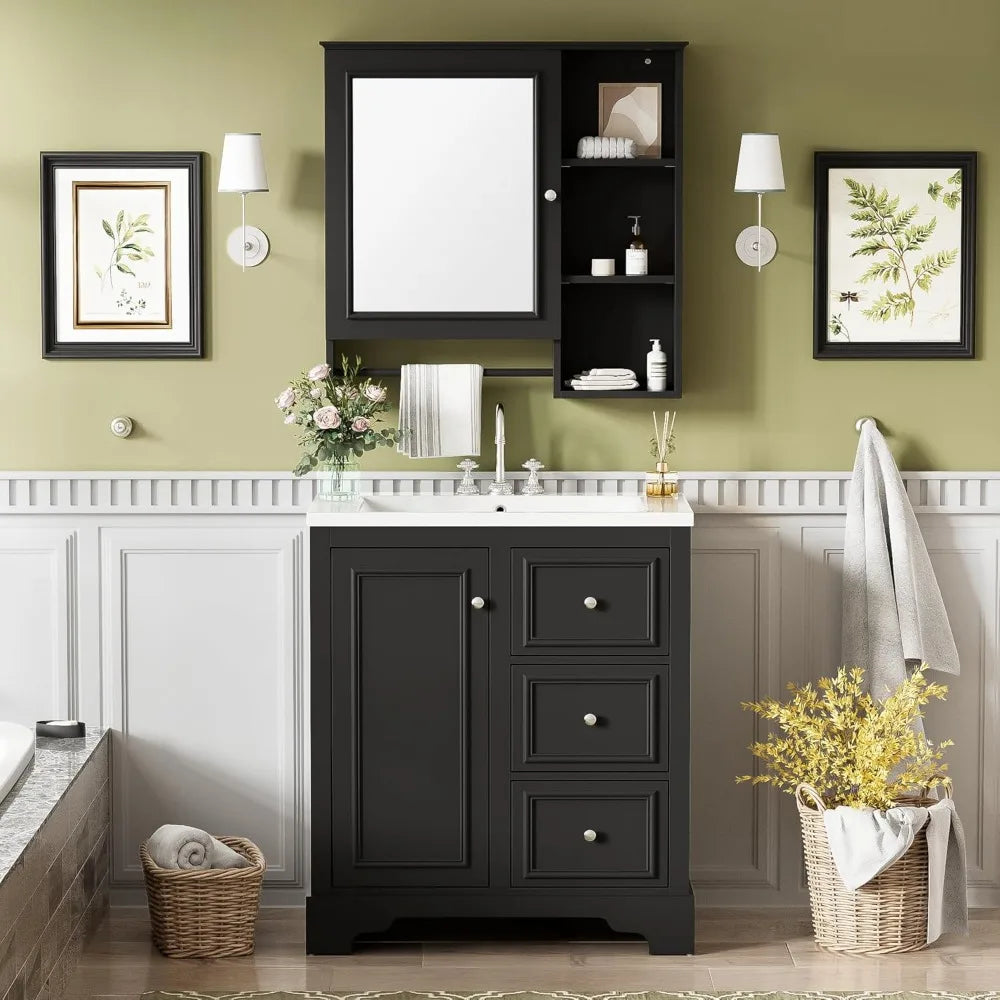 30-inch Elegant Bathroom Vanity with Sink, Storage Cabinet, 3 Drawers, Adjustable Shelves