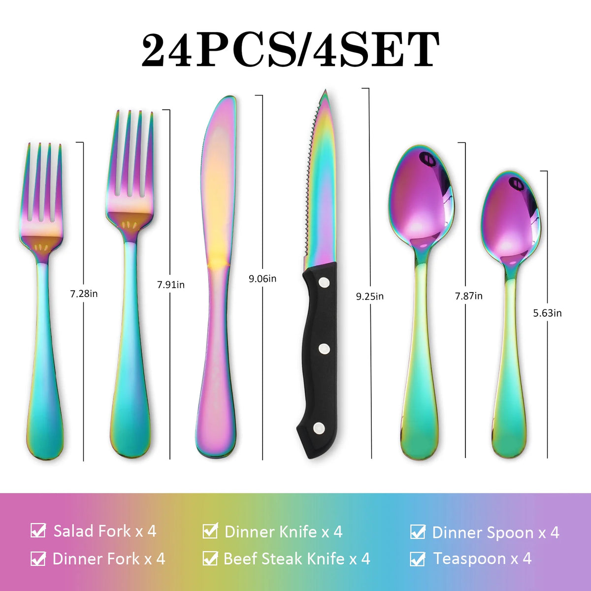 24PCS Rainbow Stainless Steel Flatware Set for 4