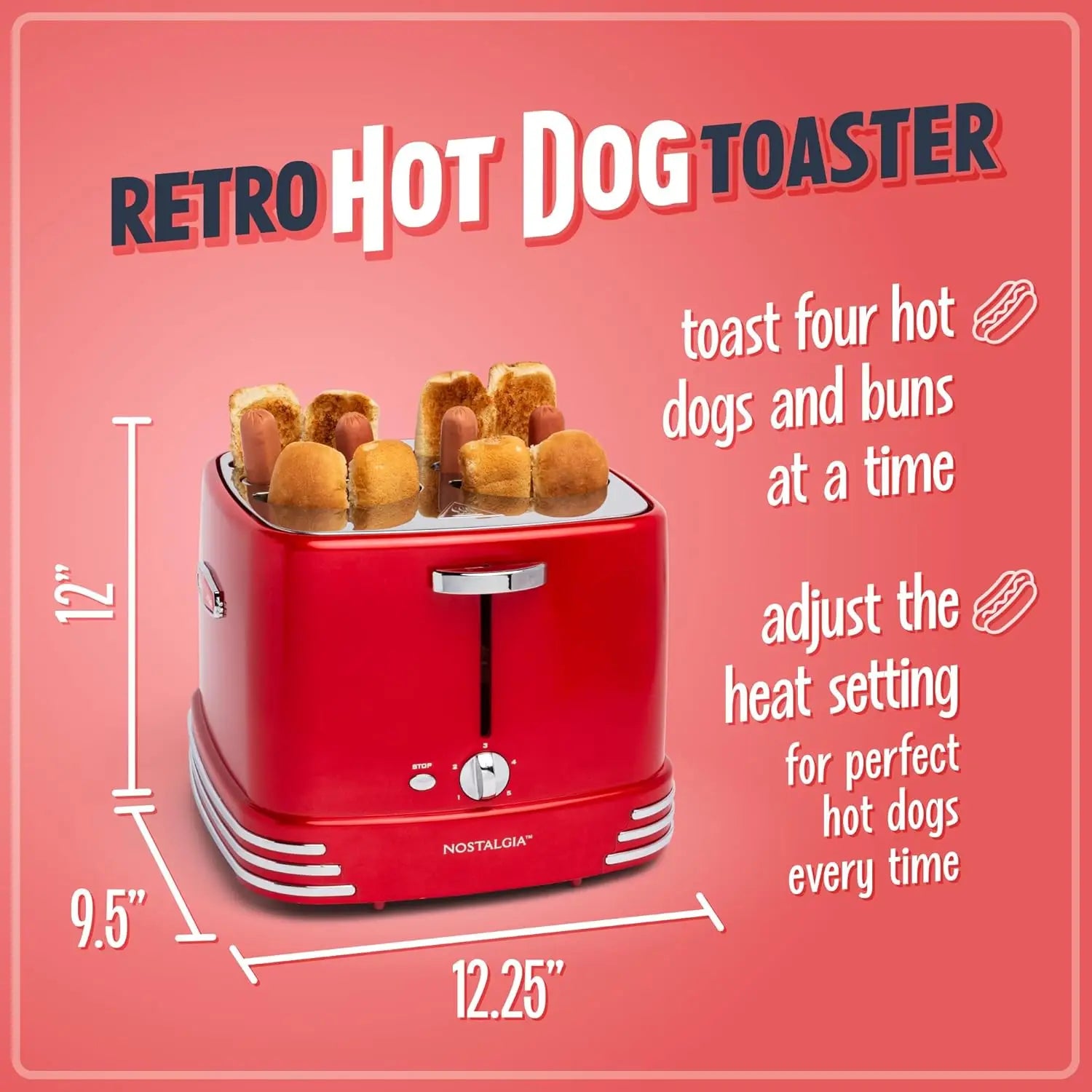 4-Slot Hot Dog & Bun Toaster with Mini Tongs