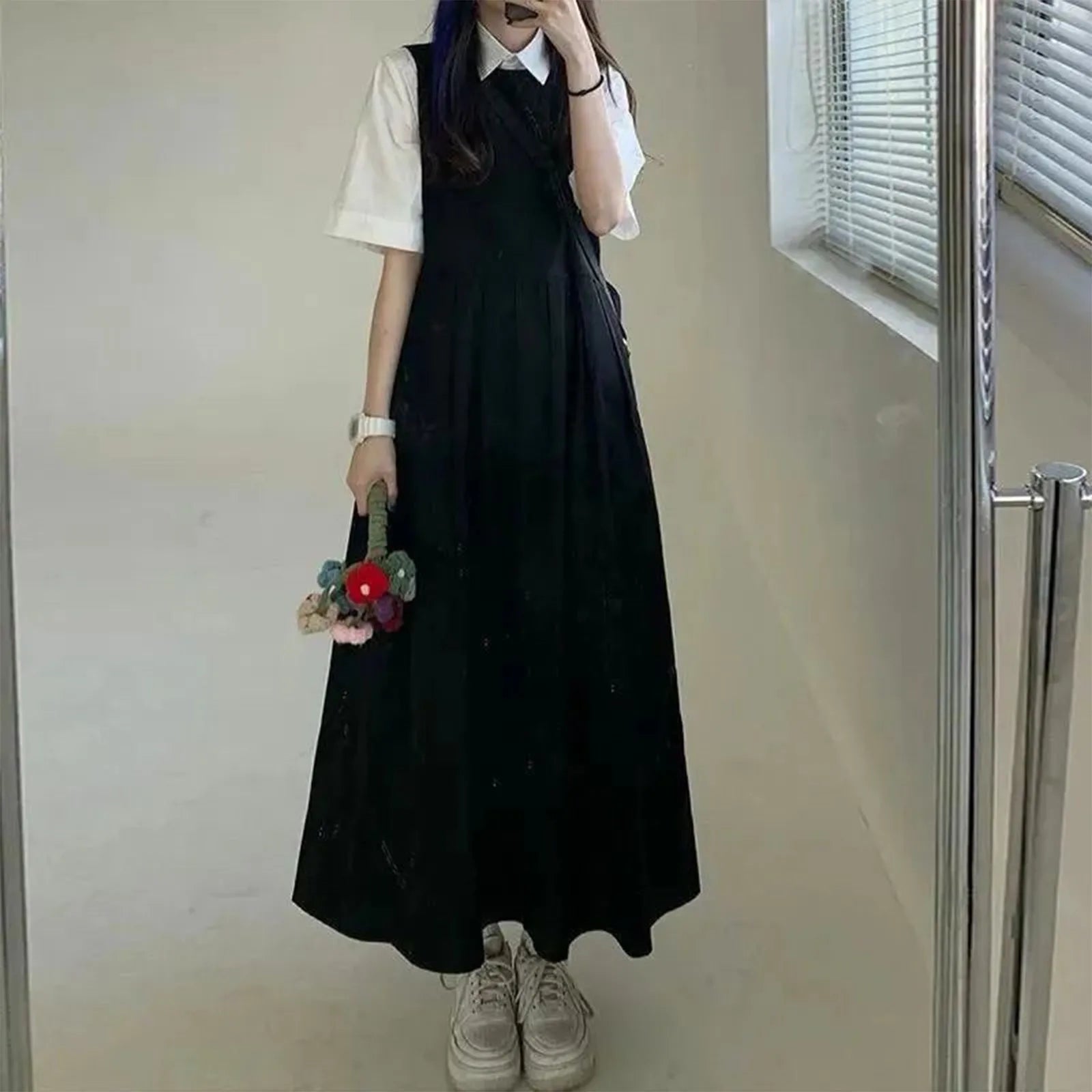 Women's Black Casual Swing T-Shirt Dress with Pockets