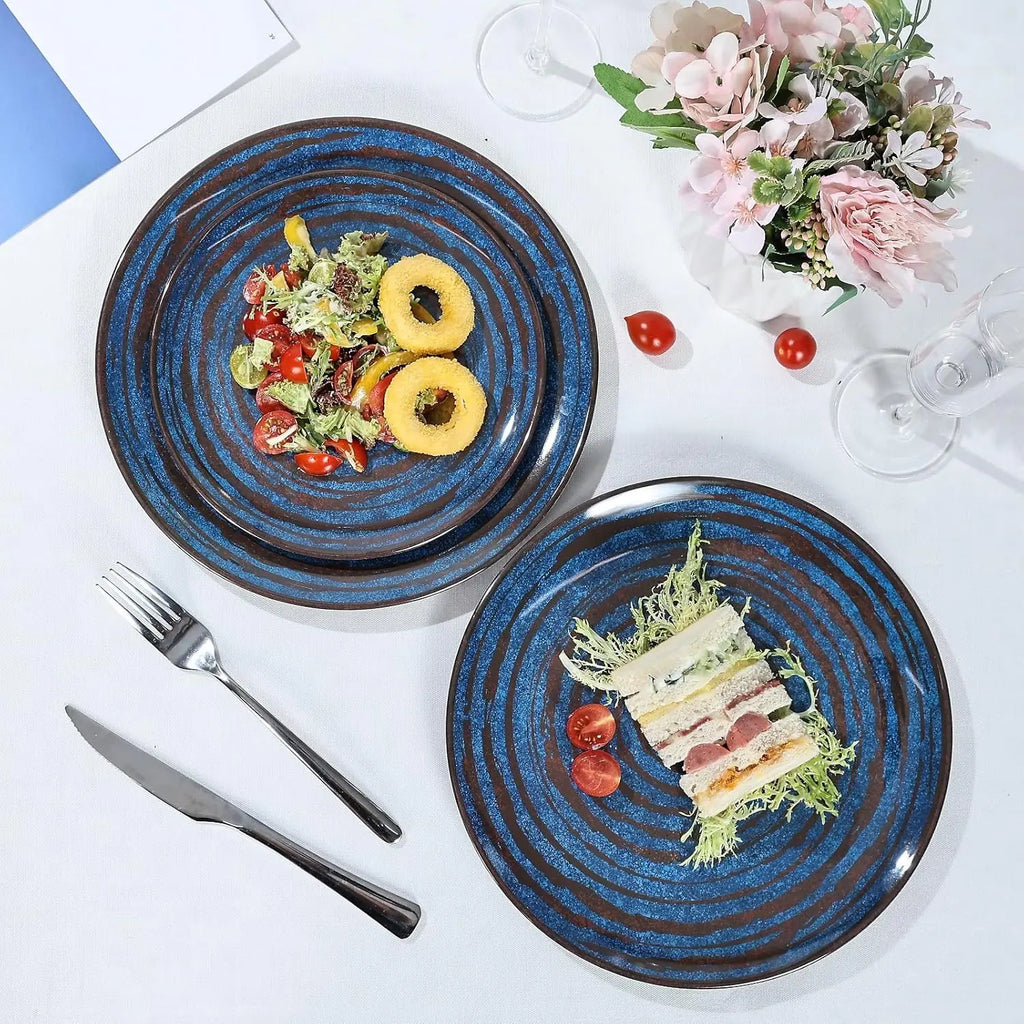 Melamine Dinnerware Set – 12-Piece Service for 4, Blue Threaded Design