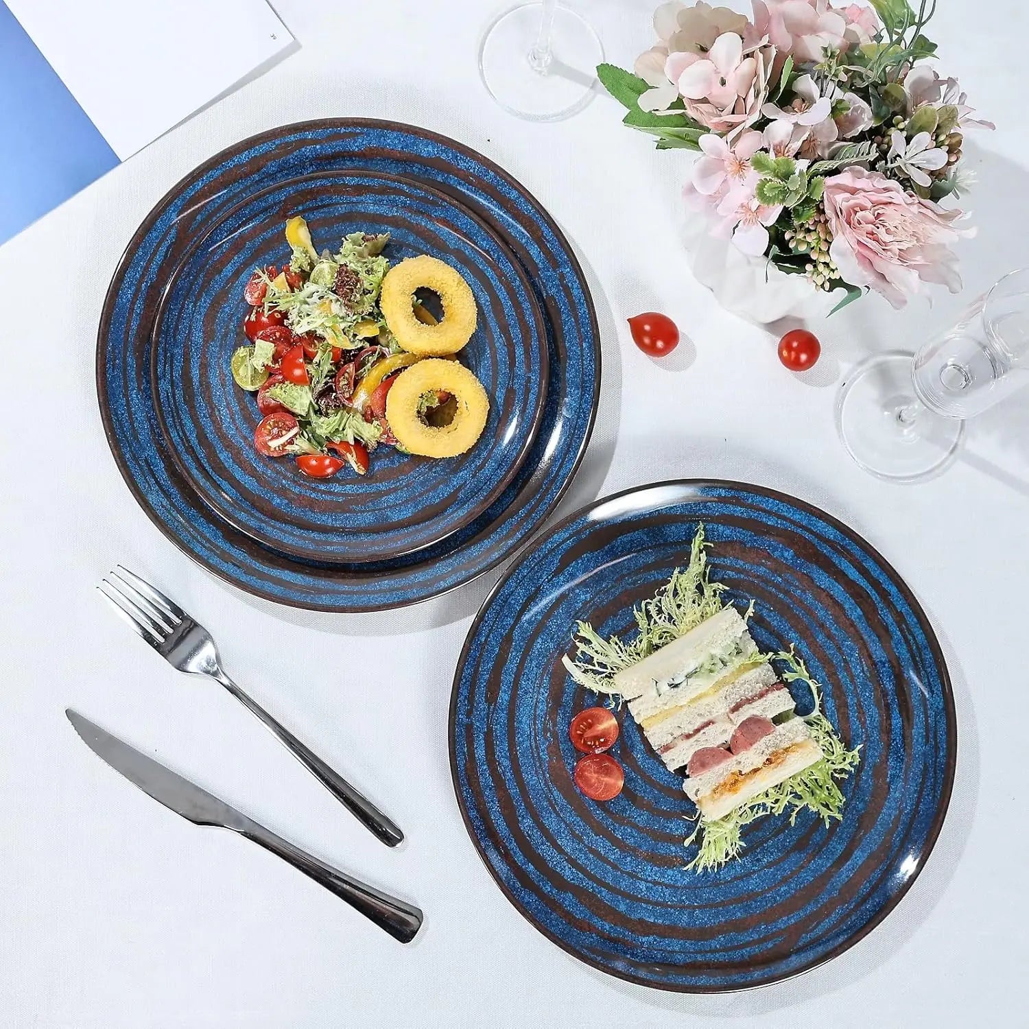 Melamine Dinnerware Set – 12-Piece Service for 4, Blue Threaded Design