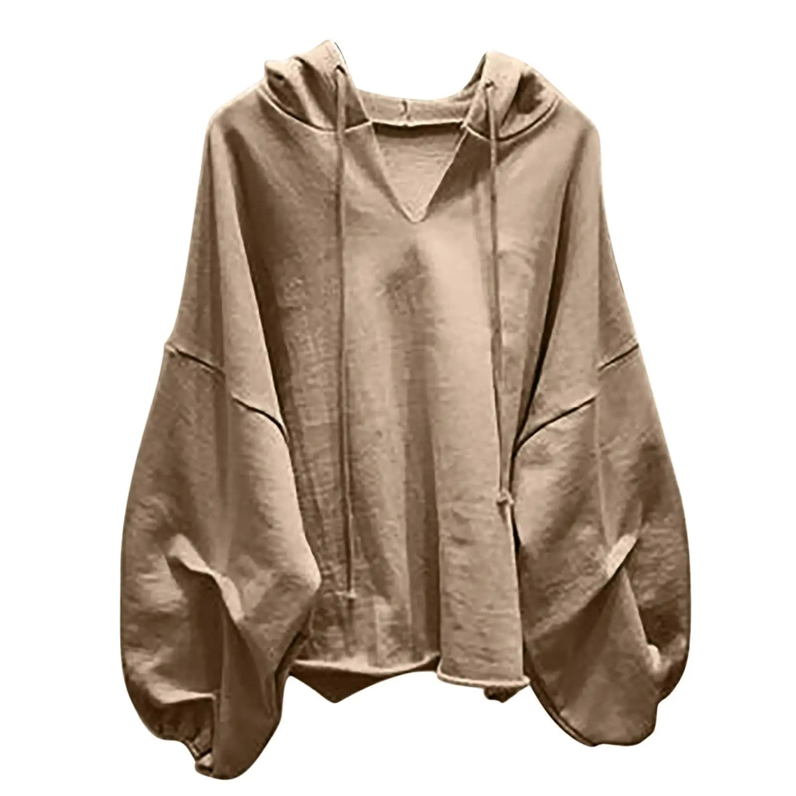 Women’s Casual Solid Color V-Neck Hooded Loose Long Sleeve Sweatshirt