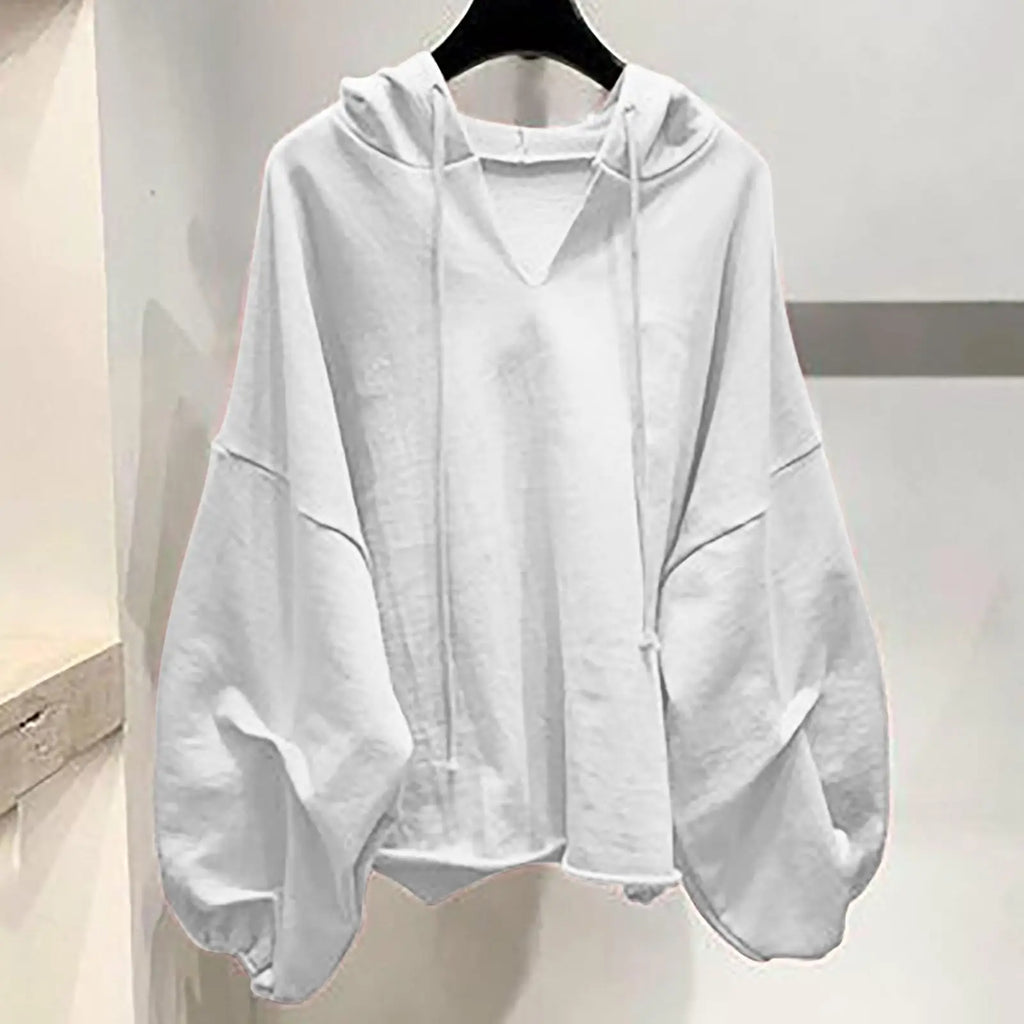 Women’s Casual Solid Color V-Neck Hooded Loose Long Sleeve Sweatshirt