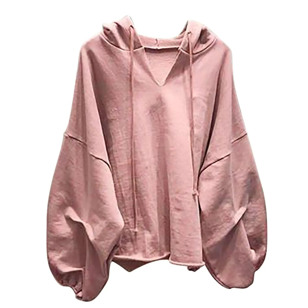 Women’s Casual Solid Color V-Neck Hooded Loose Long Sleeve Sweatshirt