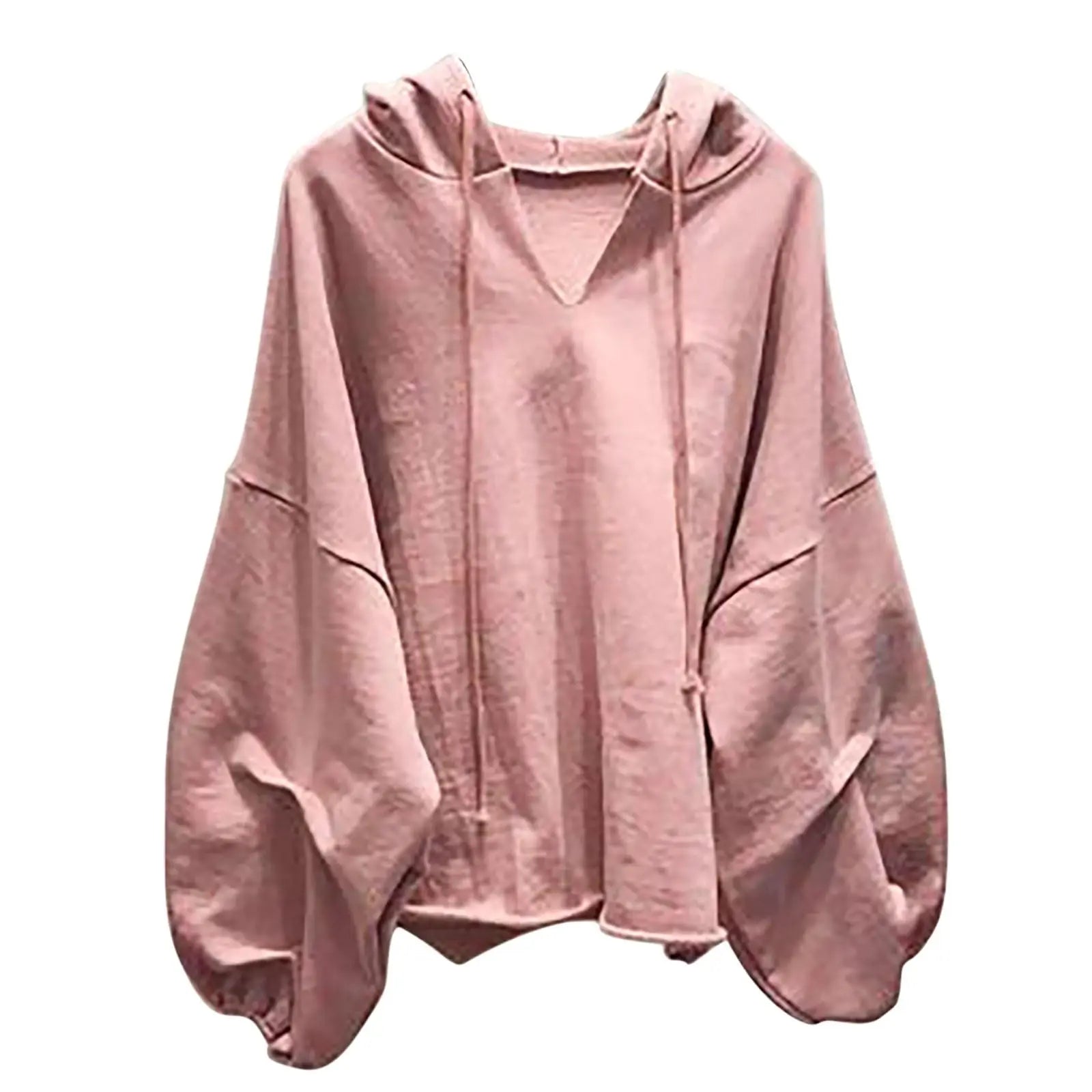 Women’s Casual Solid Color V-Neck Hooded Loose Long Sleeve Sweatshirt