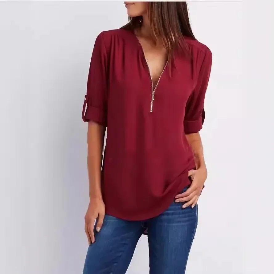 Women’s Loose Casual Deep V-Neck Chiffon Blouse – Zipper Pullover
