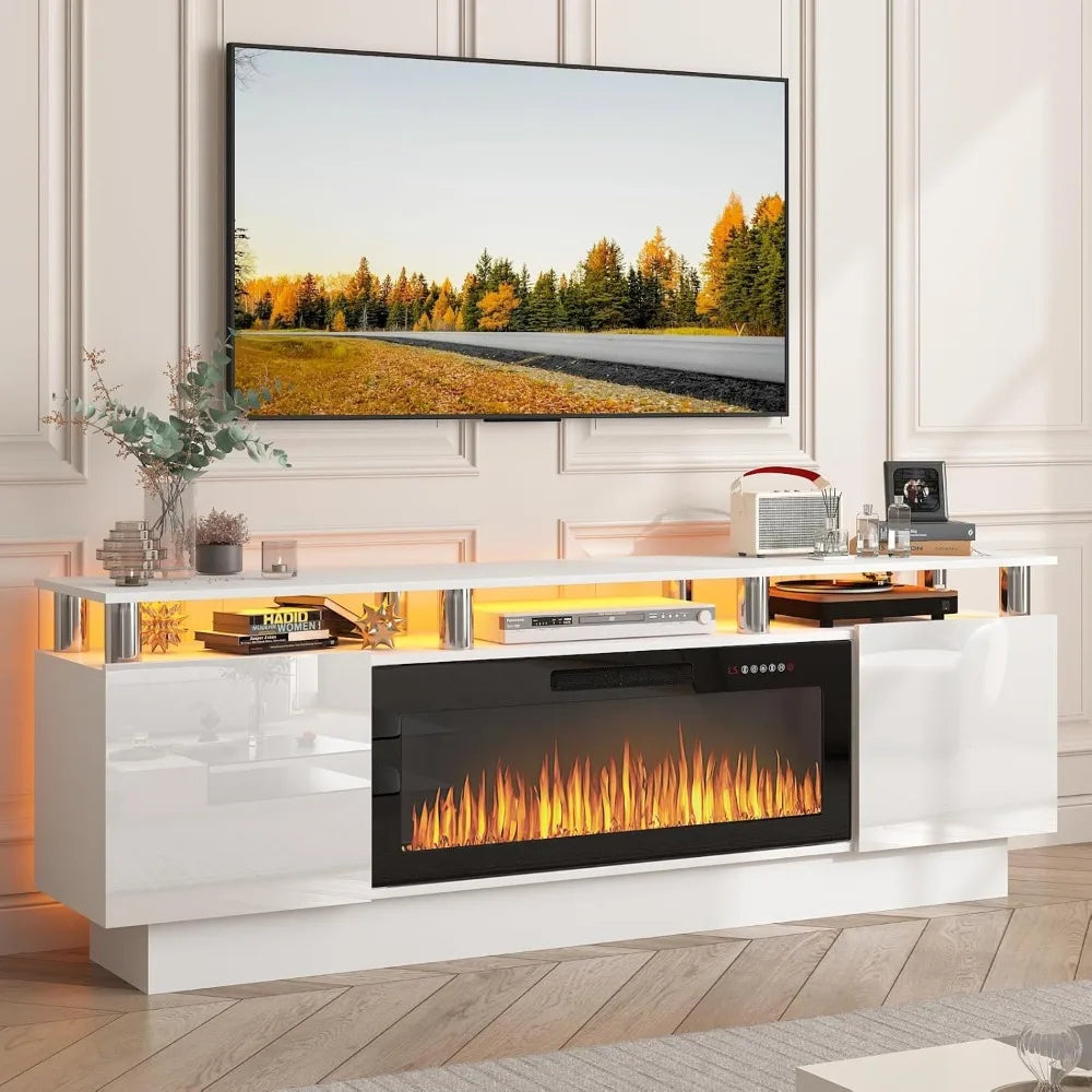 TV Stand with 36" Electric Fireplace, 70" LED Light Entertainment Center, Storage