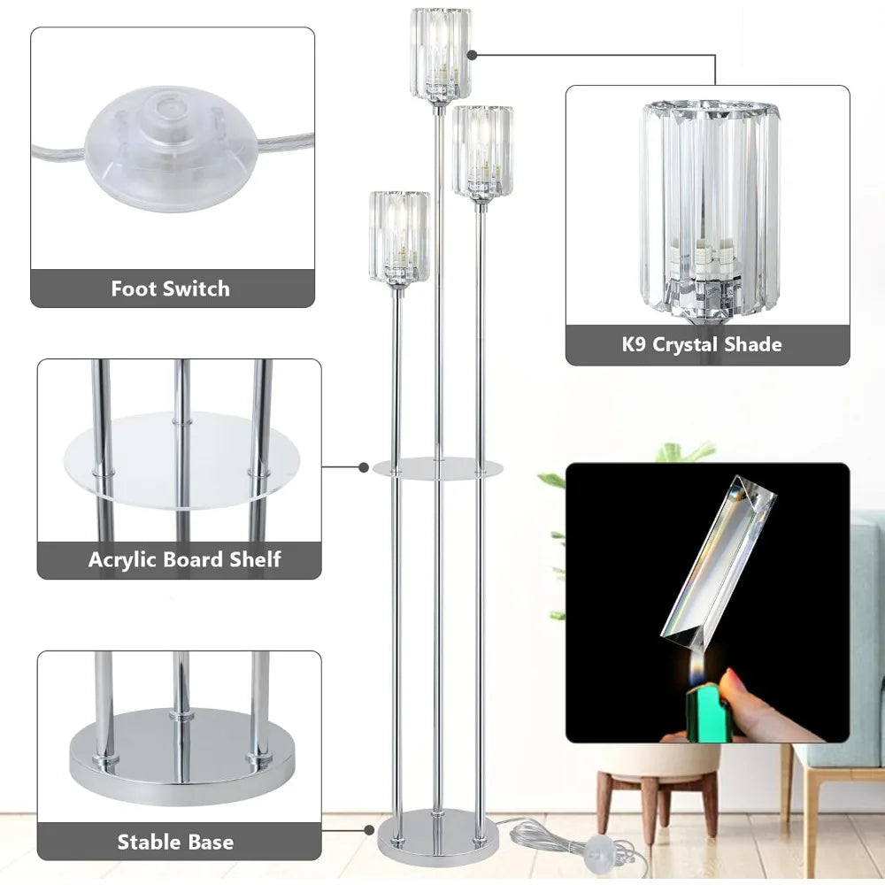Modern Floor Lamp with Shelves – 3-Light Crystal Shade Standing Lamp, Silver