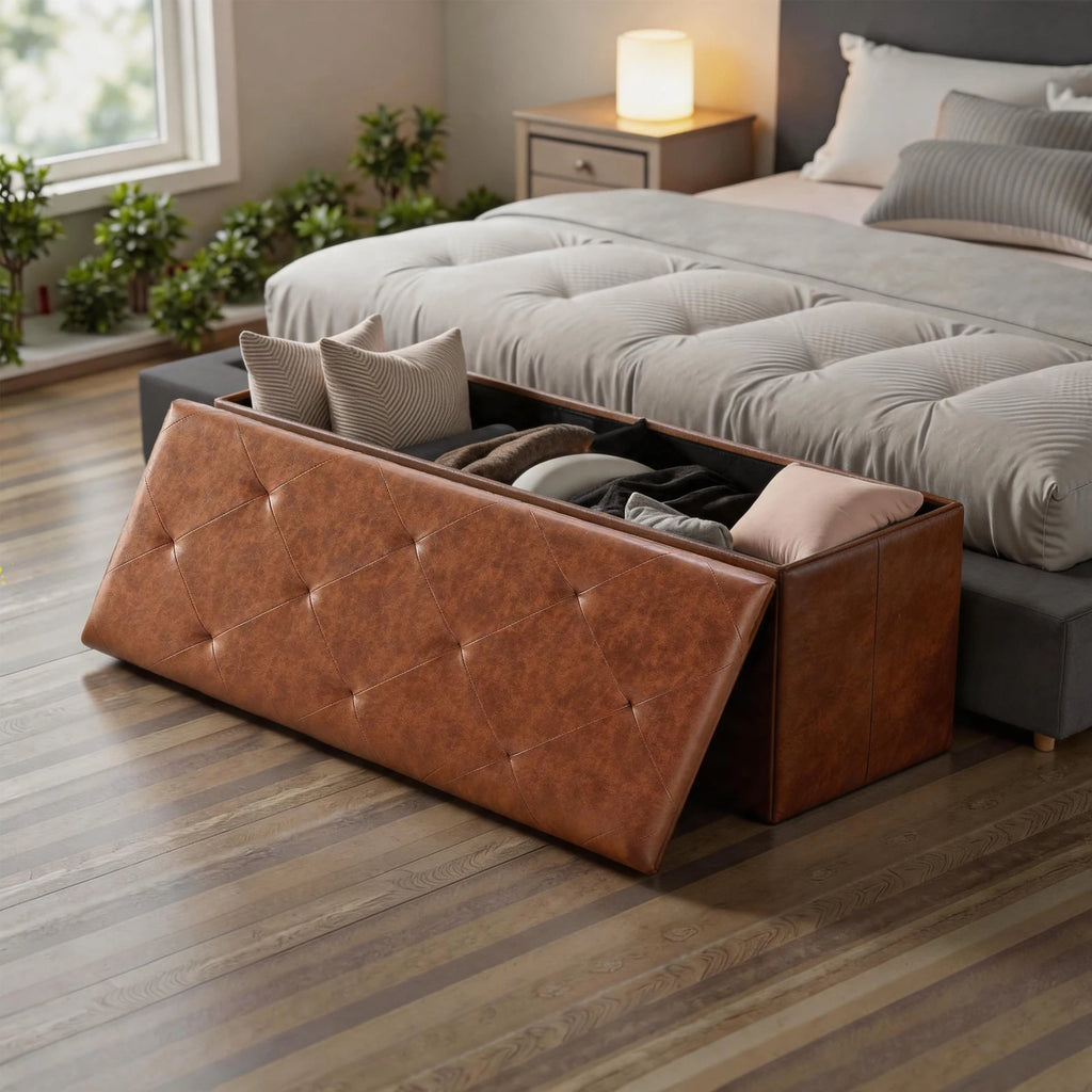 Tufted Faux Leather Storage Bench & Folding Ottoman