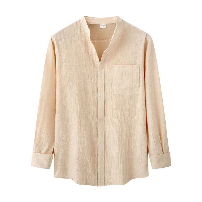 Men’s Casual Long Sleeve Mock Neck Solid Color Button-Up Shirt