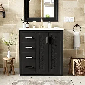 30" Bathroom Vanity with Ceramic Sink, Storage Cabinet, 4 Drawers, 2 Doors