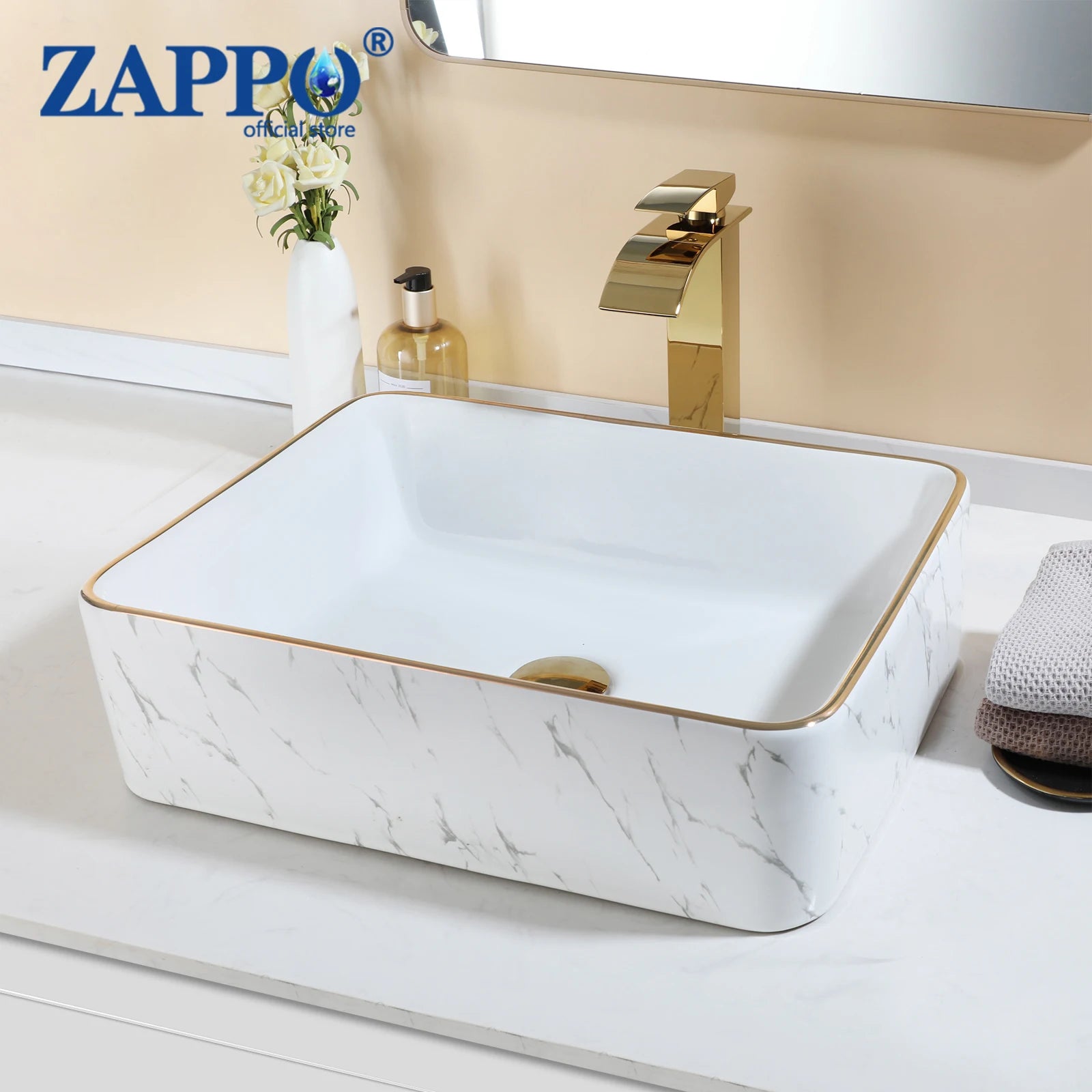 19" Gold Faucet Marbled Ceramic Countertop Sink