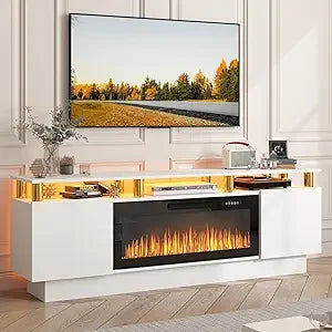 TV Stand with 36" Electric Fireplace, 70" LED Light Entertainment Center, Storage