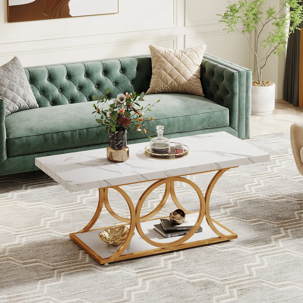 2-Tier Faux Marble Rectangle Coffee Table