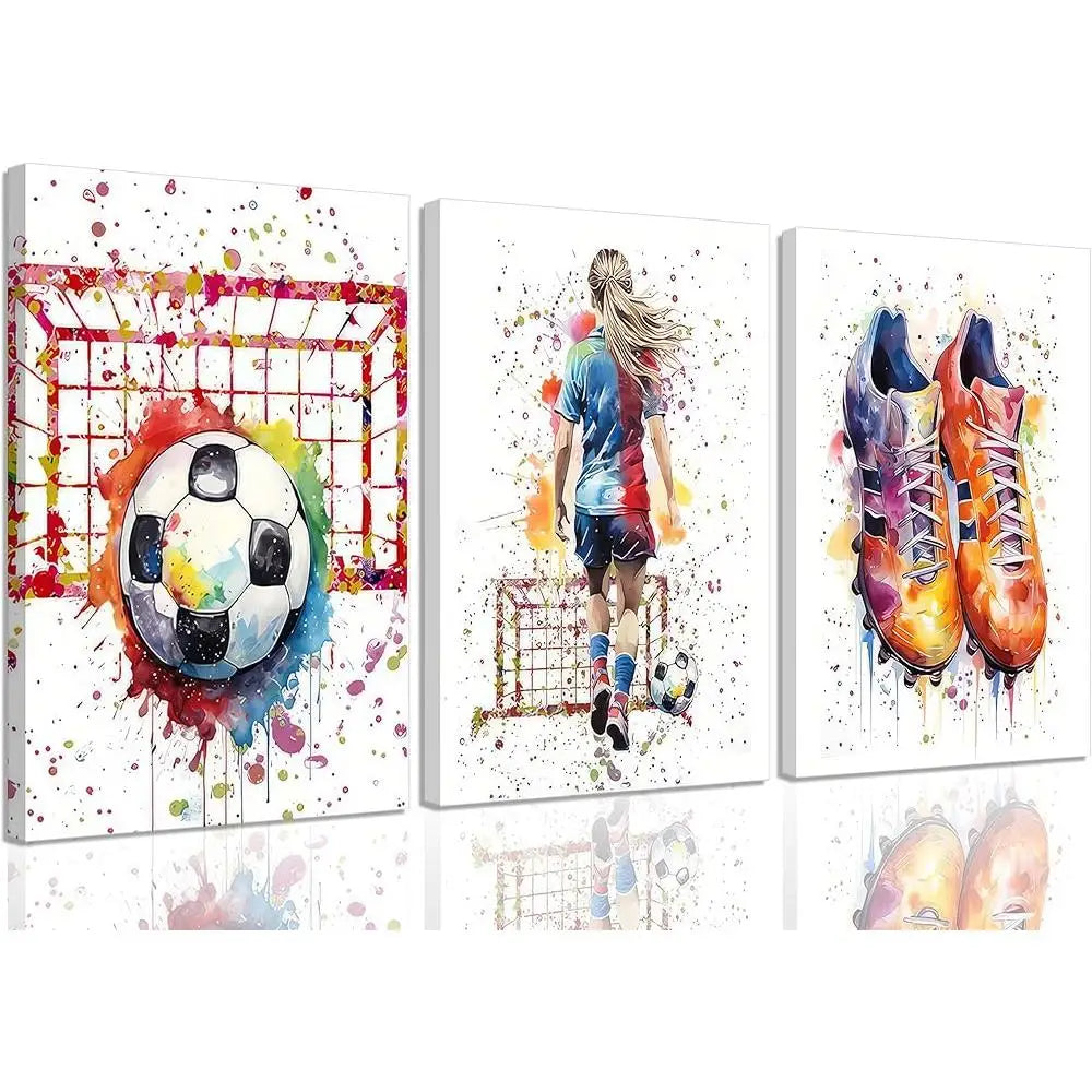 3 Pcs Girl Soccer Graffiti Canvas Wall Art – Colorful Sneakers, Inspirational Paintings