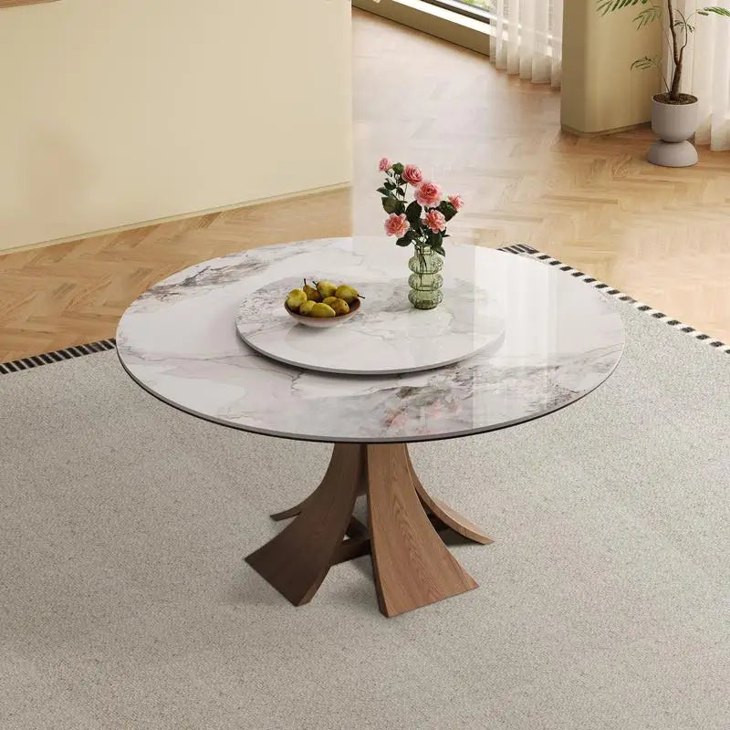 59-Inch Sintered Stone Dining Table with 35-Inch Round Turntable - Walnut Base