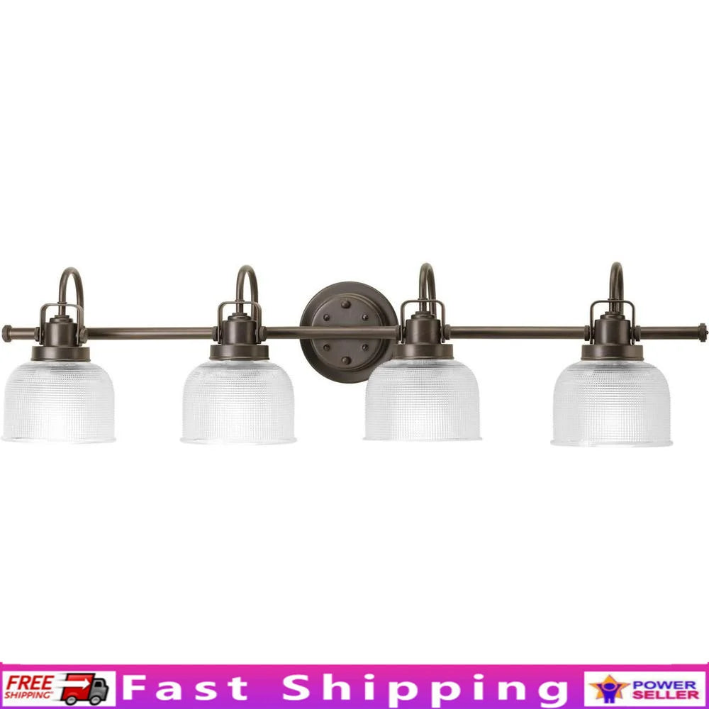 Vintage 4-Light Coastal Bath Vanity Fixture with Clear Prismatic Glass, Venetian Bronze