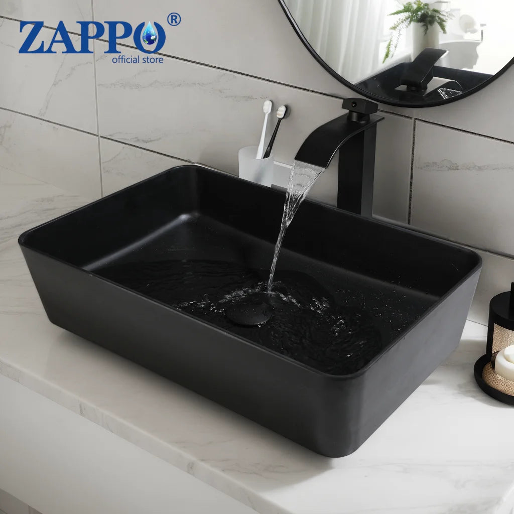 22x14" Black Stone Resin Sink with Faucet and Drain, Rectangle, Above Counter