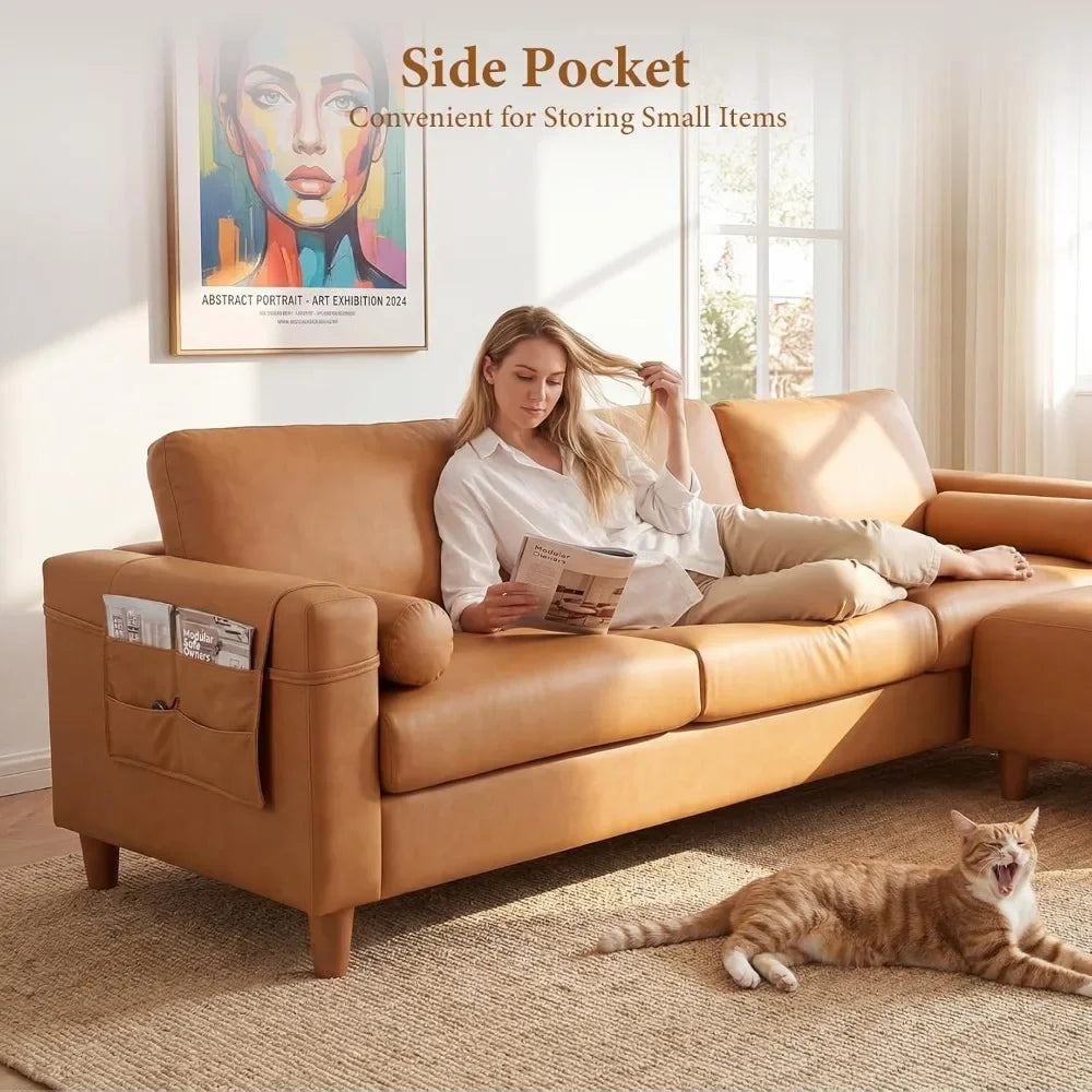 Faux Leather L-Shaped Sectional Sofa with Movable Ottoman