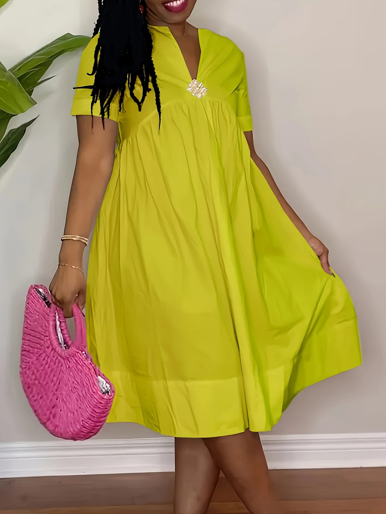 Casual Short Sleeved V-neck Waist Cinched Loose A-line Skirt