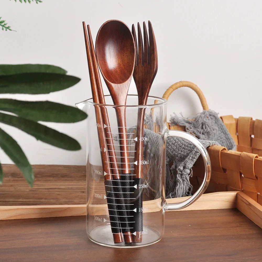 Natural Wood 3-Piece Tableware Set – Spoon, Fork & Chopsticks