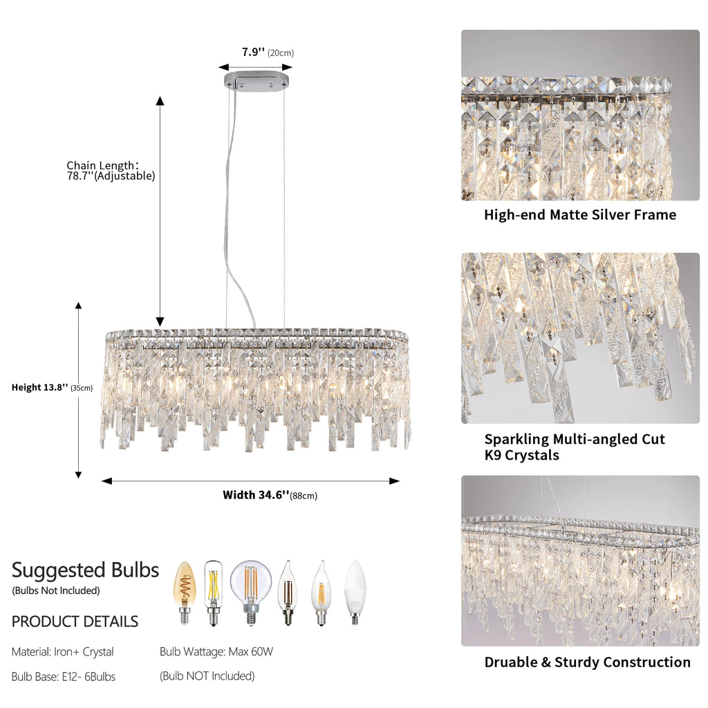 Silver Elegant Oval Crystal Chandelier with Reflective Hanging Crystals