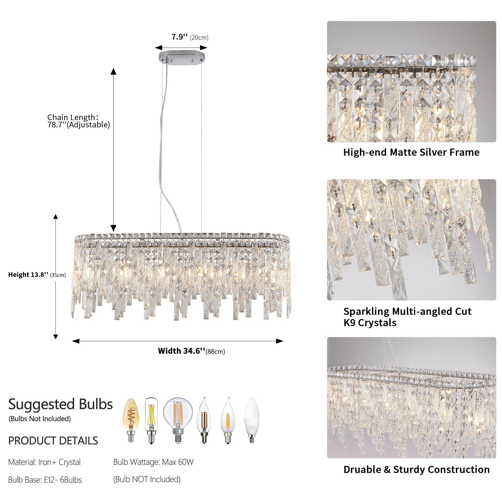 Silver Elegant Oval Crystal Chandelier with Reflective Hanging Crystals