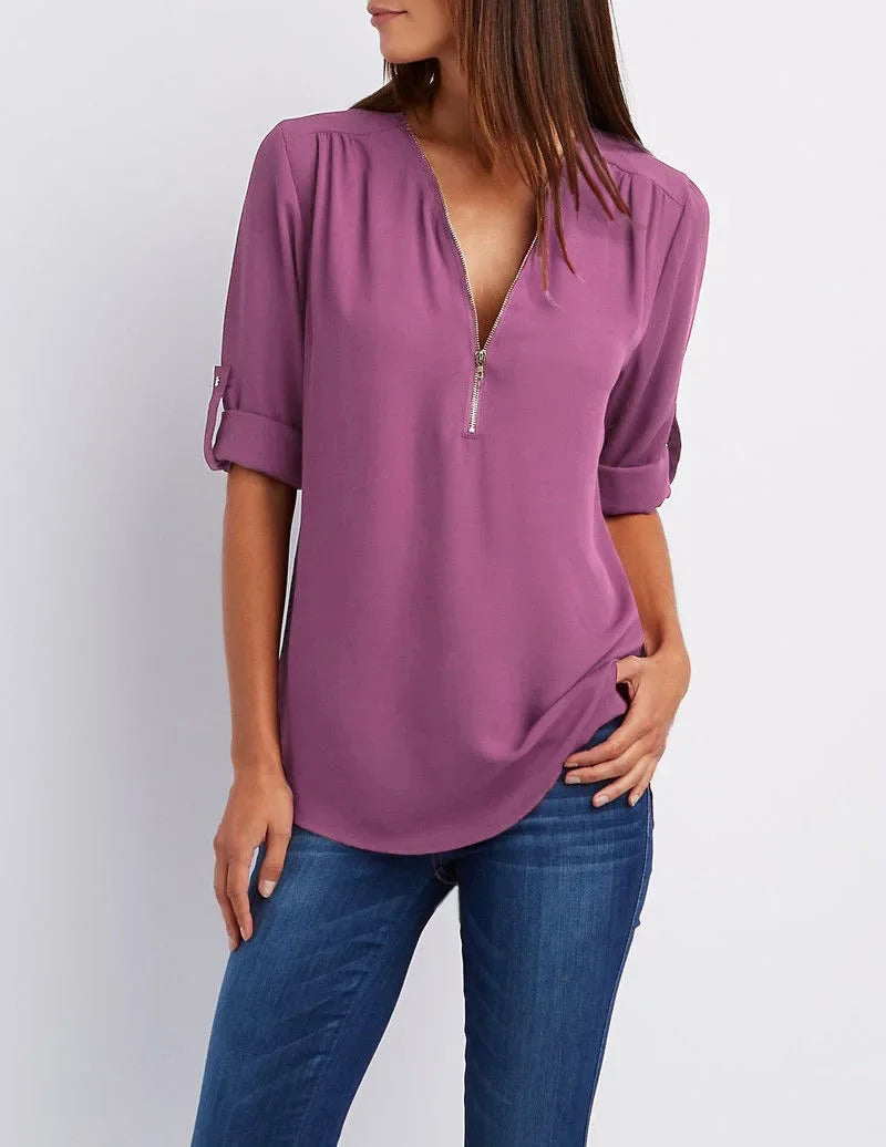 Women’s Loose Casual Deep V-Neck Chiffon Blouse – Zipper Pullover