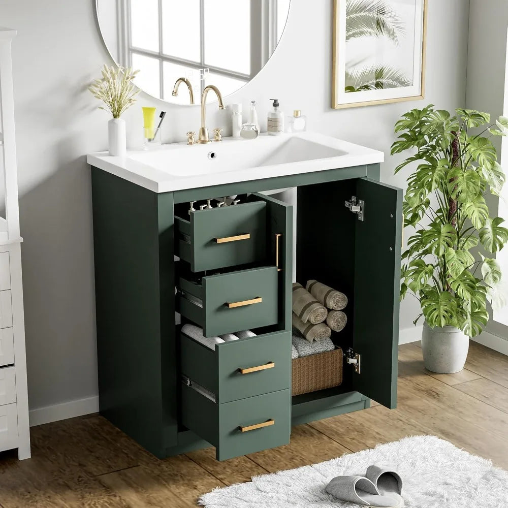 30" Bathroom Vanity with Ceramic Sink, Storage Cabinet, 4 Drawers, 2 Doors
