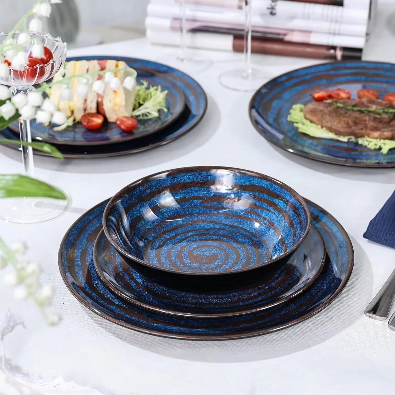 Melamine Dinnerware Set – 12-Piece Service for 4, Blue Threaded Design