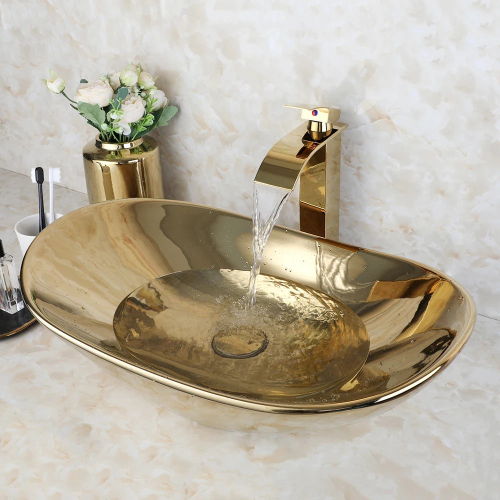 Luxury Large Gold Vessel Sink with Faucet Combo